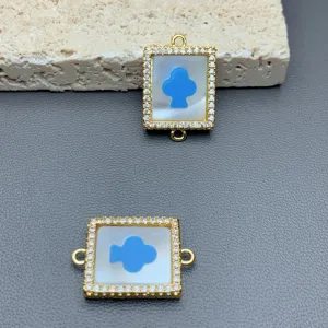 Pendentif carré doré en strass avec nacre et motif bleu pour bracelet collier DIY faits maison.