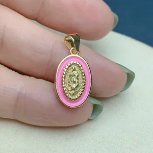Pendentif Ovale en Émail Notre-Dame de Guadalupe Cuivre Plaqué Or Charme Religieux Accessoires de Bijoux DIY