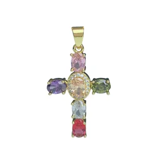 Pendente Croce Cristallo Zircone Colorato Placcato Oro Moda Collana Gioiello Accessorio