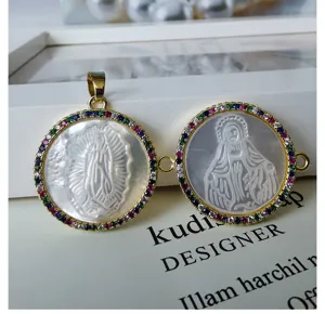 White mother-of-pearl pendant with colorful zircon, religious DIY jewelry accessory.