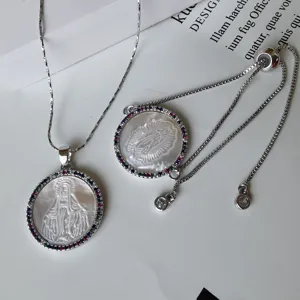 Mother of pearl Virgin Mary necklace and bracelet set with colorful cubic zirconia silver chain