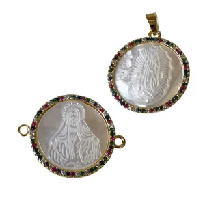 Mother of pearl religious pendant colorful zircon round charm DIY jewelry accessory main