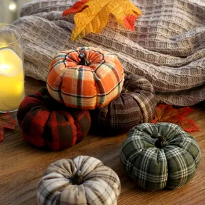 Decorazione Zucca di Halloween Ornamentale Zucca Imbottita in Tessuto Scozzese Raccolto Autunnale Ringraziamento Tavolo