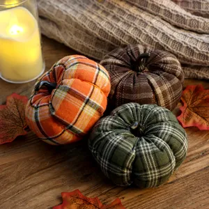 Set di decorazioni per zucche in tessuto scozzese autunnale per tavola di Ringraziamento.
