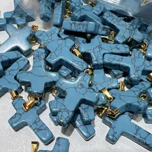 Blauwe turkoois kruis hangers met gouden oogjes, DIY ketting sieraden accessoires.