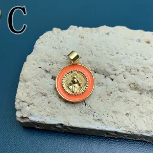 Gold-plated orange enamel Mary pendant European vintage religious necklace jewelry accessory