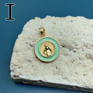 Gold-plated mint green enamel Virgin Mary pendant European retro DIY jewelry accessory detail