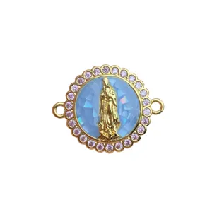 Gold Virgin Mary connector pendant with pink zircon and blue shell mosaic for DIY jewelry.