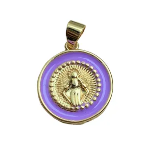 Gold Virgin Mary Pendant Purple Enamel Round Charm Religious Jewelry DIY Necklace Accessories