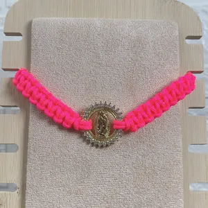 Woven rope bracelet with zircon Guadalupe pendant, bohemian style adjustable jewelry for women