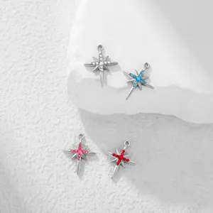 Stainless steel North Star crystal pendant detail shot, sparkling cubic zirconia DIY jewelry charm.