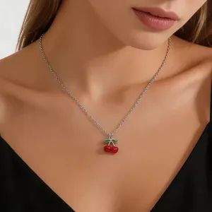 Stainless steel cherry pendant necklace, cute fruit jewelry accessory for daily wear.