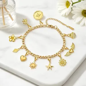 Gold stainless steel charm bracelet with star heart flower charms for women jewelry gift.