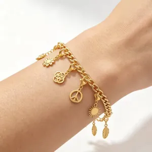 Gold Edelstahl Charm Armband mit Sonne Feder Friedenszeichen Anhänger Modeschmuck Geschenk