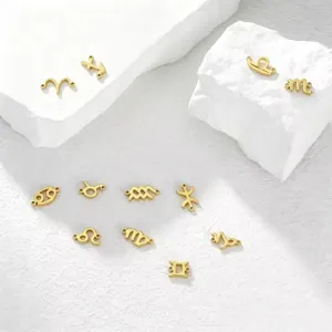 Primo piano di ciondoli zodiacali in acciaio placcato oro 18K con doppi fori per la creazione.