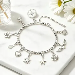 Stainless steel charm bracelet with cute star heart flower pendants and secure lobster clasp.