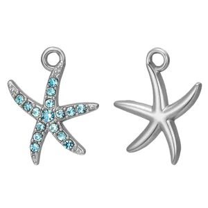 Silver tone starfish pendant charm with light blue rhinestones, detailed view front details.