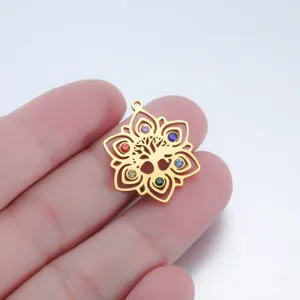 Stainless steel lotus tree of life pendant with colorful rhinestones for DIY jewelry making
