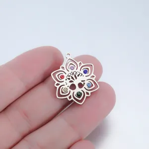 Stainless steel lotus tree pendant detail with colorful rhinestones for DIY jewelry making.