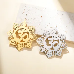 Stainless steel lotus OM pendant detail, chakra yoga spiritual jewelry accessory for DIY necklace.