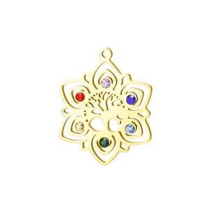 Gold stainless steel tree of life lotus pendant with colorful crystals for DIY necklace.