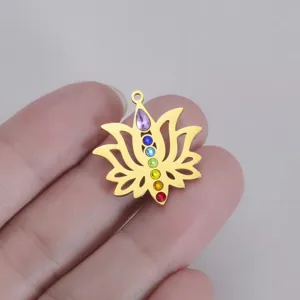Gold lotus chakra pendant detail view, colorful crystal gemstone DIY jewelry making component.
