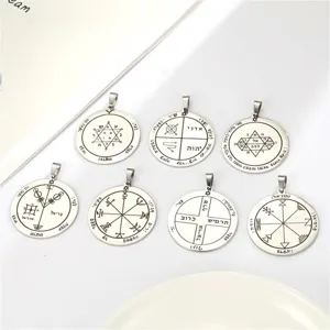 Stainless steel Solomon seal round pendant detail, occult amulet necklace DIY accessory.