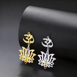 Detail view of gold and silver Om lotus gemstone charm pendants, perfect for DIY jewelry making.