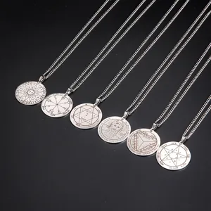Stainless steel Solomon seal round pendant necklace set, detailed occult talisman jewelry display.