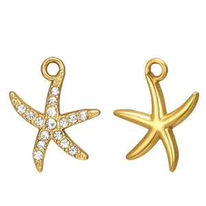 Gold starfish charm pendant with clear rhinestones and plain metal style for DIY jewelry.