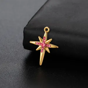 Stainless steel gold plated eight pointed star pendant with pink crystal for jewelry.