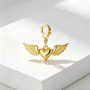 Gold heart angel wings charm with lobster clasp for DIY jewelry necklace bracelet making.
