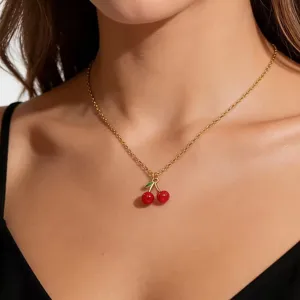 Gold stainless steel cute cherry pendant necklace delicate fruit jewelry accessory for women
