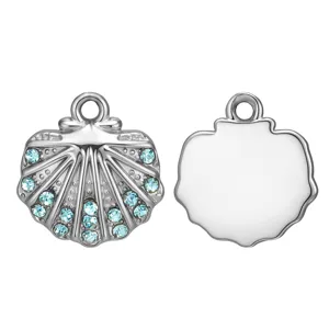 Shell pendant detail view, silver tone metal with sparkling light blue rhinestones for DIY.