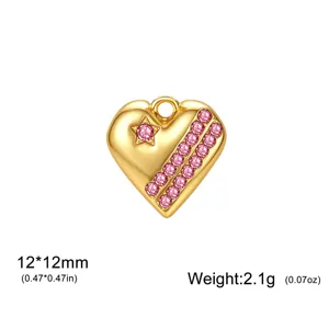 Colgante de corazón chapado en oro con circonita rosa y estrella, ideal para joyería DIY.