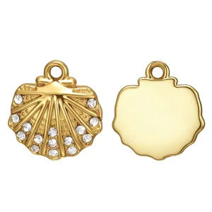 Gold shell pendant detail, shiny rhinestones embedded on front, smooth back side for DIY jewelry.