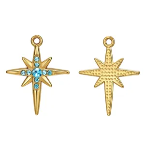Stainless steel North Star pendant charm with blue rhinestones for DIY handmade jewelry crafts.