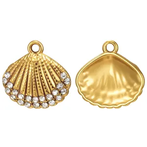 Golden seashell pendant with sparkling rhinestones, 3D metal DIY jewelry making accessories.
