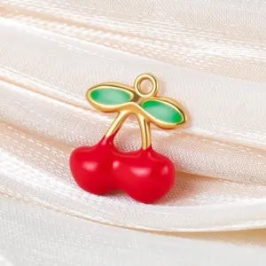 Gold-plated enamel cherry charm pendant for DIY handmade necklaces and earrings jewelry making