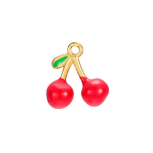 Gold-toned metal cherry charm pendant with red and green enamel for DIY handmade jewelry.
