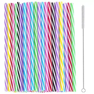 Reusable Plastic Drinking Straws Colorful Striped Straight Drinking Straws With Cleaning Brush Kitchen Party Drinkware