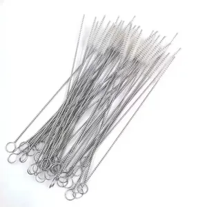 Stainless steel straw cleaning brushes, wire handle with bristle tip, daily kitchen tool.