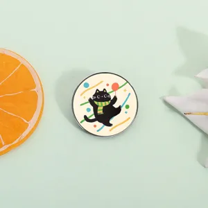 Süße Cartoon Schwarze Katze Mit Ballon Emaille Brosche Zinklegierung Rund Quadrat Abzeichen Anstecknadel Für Kleidung Rucksack Schmuck