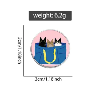 Cute cartoon three cats metal brooch pin with blue bag illustration, 3cm round backpack badge.