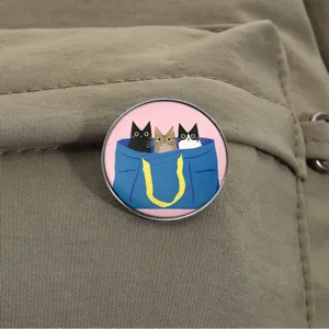 Cute cartoon three cats metal brooch pin, charming blue bag kitten badge for backpack apparel.