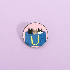 Cute cartoon cats in blue bag enamel pin metal badge brooch for backpack decoration accessories