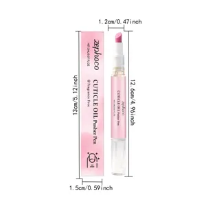 Detail view of zephoco cuticle oil pen with pusher tip and clear packaging dimensions.