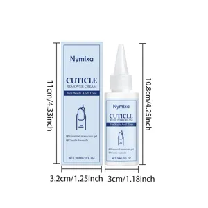 Detailed view of Nymixa cuticle remover cream bottle and packaging box with clear dimensions.