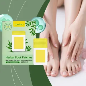 Close-up detail view of herbal foot patches packaging and soothing care application scene.