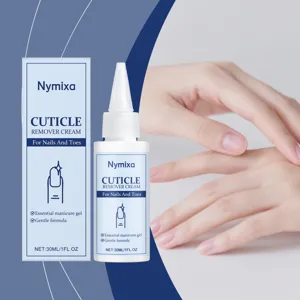 Close-up detail of Nymixa cuticle remover cream bottle with professional hand care scene.